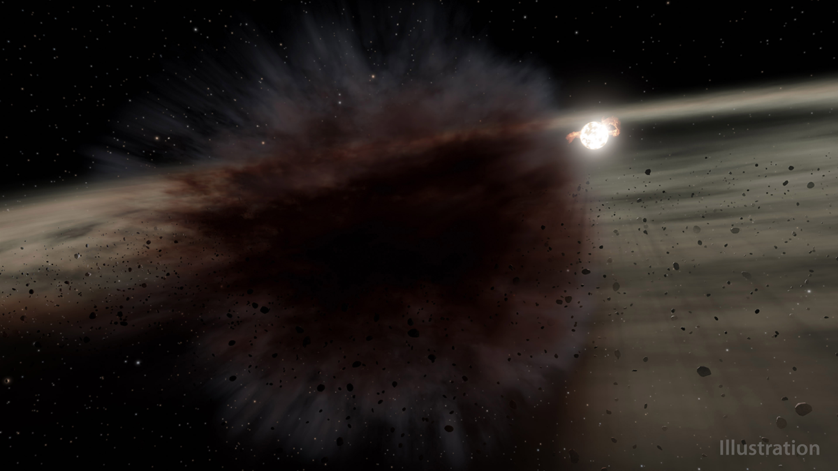A circular cloud of black and blue dust shadows a small white star.