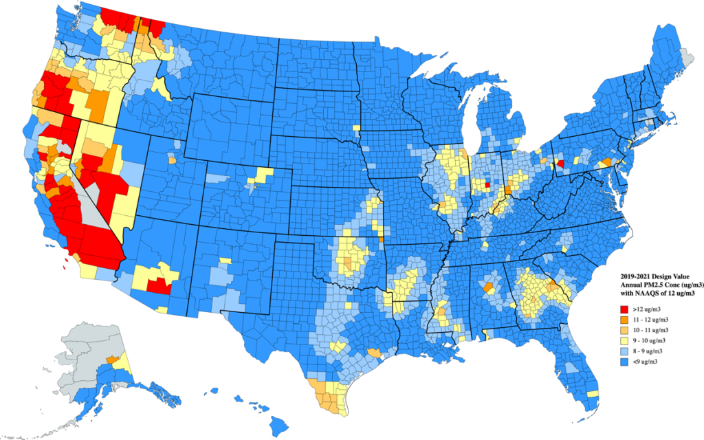 Map of U.S counties colored blue, yellow, orange, and red