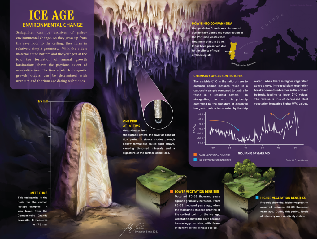 A poster designed to present research about using isotopic data from a stalagmite to infer paleoenvironmental conditions, such as vegetation density.