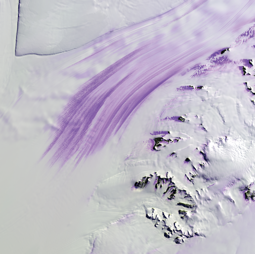 Purple highlights are exposed ice in this satellite image of Antarctica's Slessor Glacier.