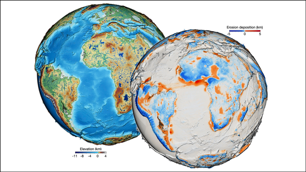 Snapshot of the landscape evolution model for the past 100 million years, focusing on surface elevation and erosion deposition trends.