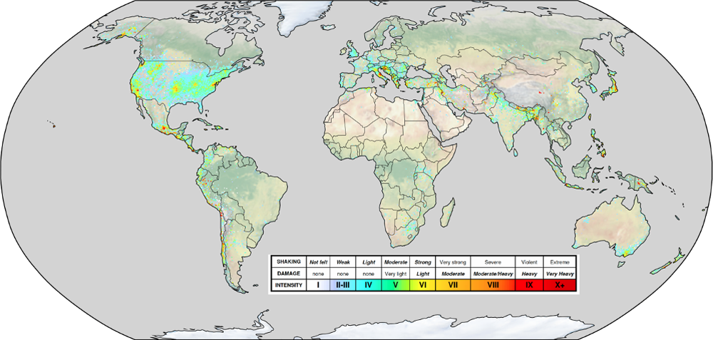 Global map portraying the highest reported earthquake shaking intensities between 2000 and 2021 using a color scale where lower-intensity (higher-intensity) shaking corresponds to cooler (warmer) colors.