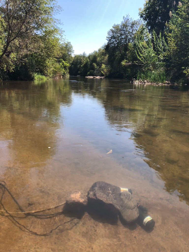 A remote sensor weighted down by rocks sits a few inches underwater in a shallow Arizona river.