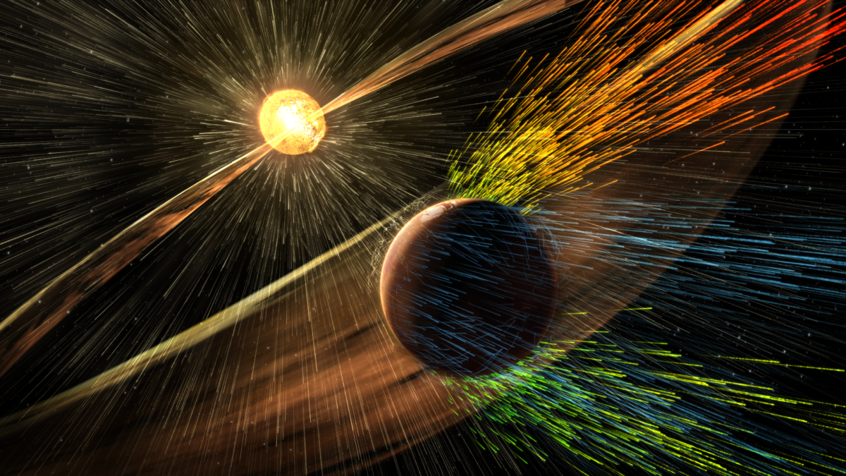 An illustration of rainbow streaks bouncing off a dark sphere in the foreground. In the background is a yellow and red sphere radiating yellow streaks.