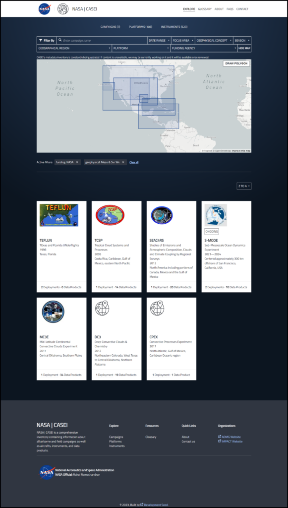 Screen shot of a search page on the website of the Catalog of Archived Suborbital Earth Science Investigations