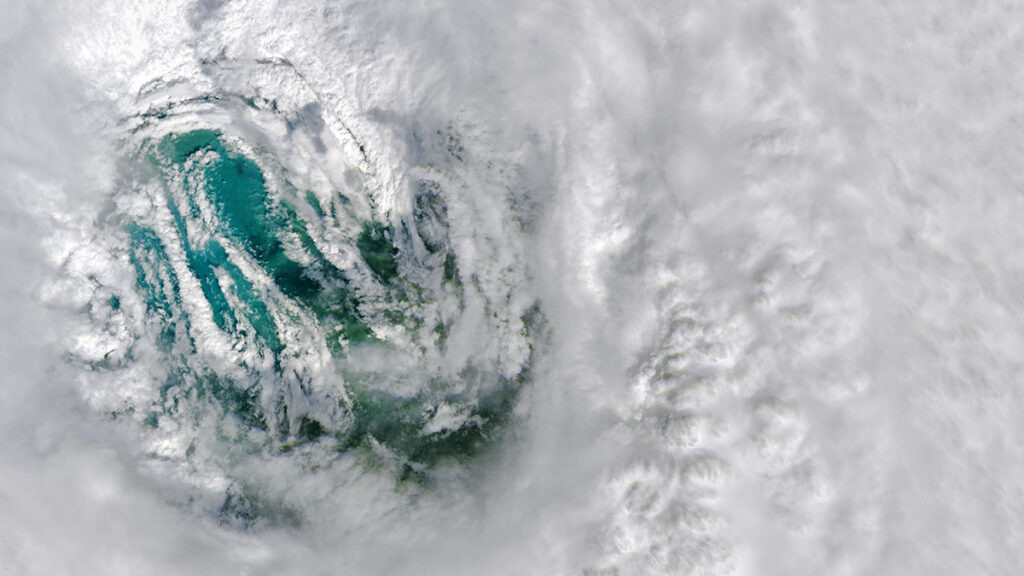 Satellite image of a close-in view of the clouds of a hurricane eye