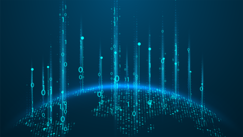 Vertical streaks of digital ones and zeroes rise from digitized representation of Earth against a deep blue background.