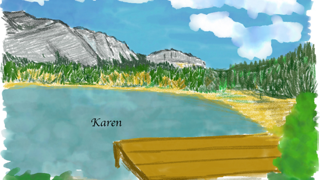 A sketch of a blue lake in the mid ground with a brown dock in the foreground. In the background, cliff faces of the gray Canadian Rockies repose under a blue sky with white clouds.