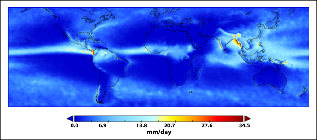 Rectangular map projection of Earth plotting average boreal summer precipitation from 2000 to 2021, with more (less) precipitation indicated by warmer (cooler) colors on the basis of satellite data