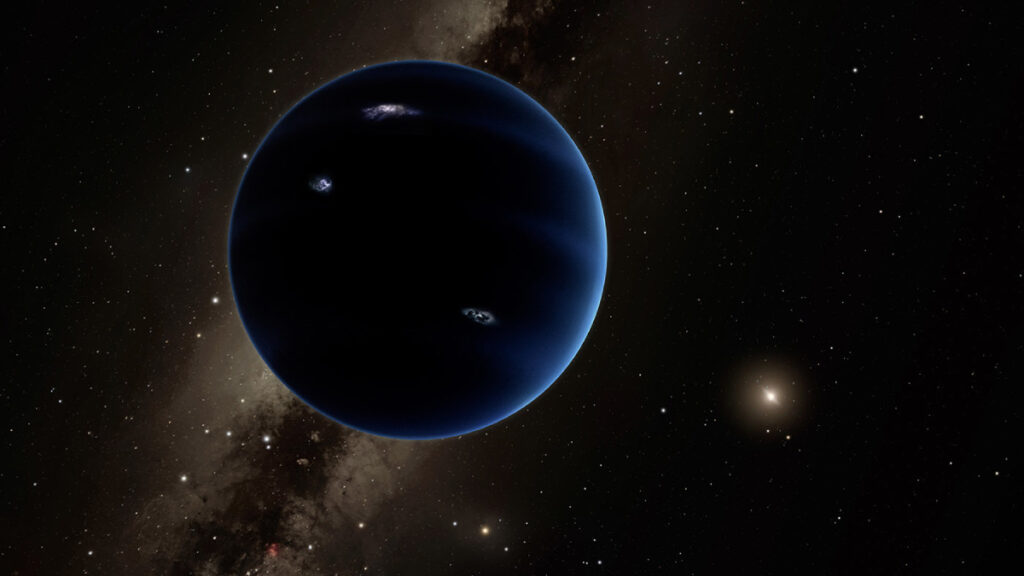 This illustration depicts a planet with blue clouds with several lightning storms. The Sun is faint in the distance. The band of the Milky Way and small pinpoints of stars fill the background.