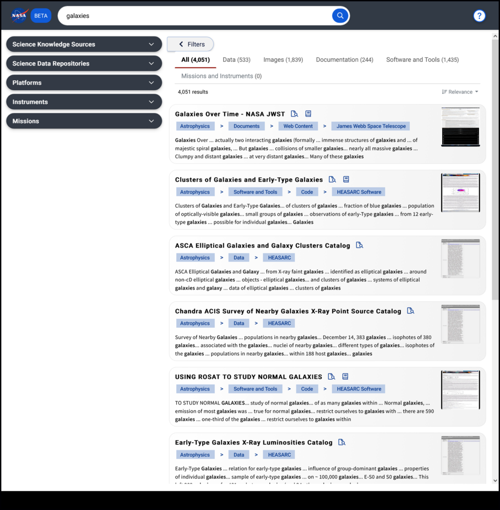 Screen shot of search results on the website of the Science Discovery Engine