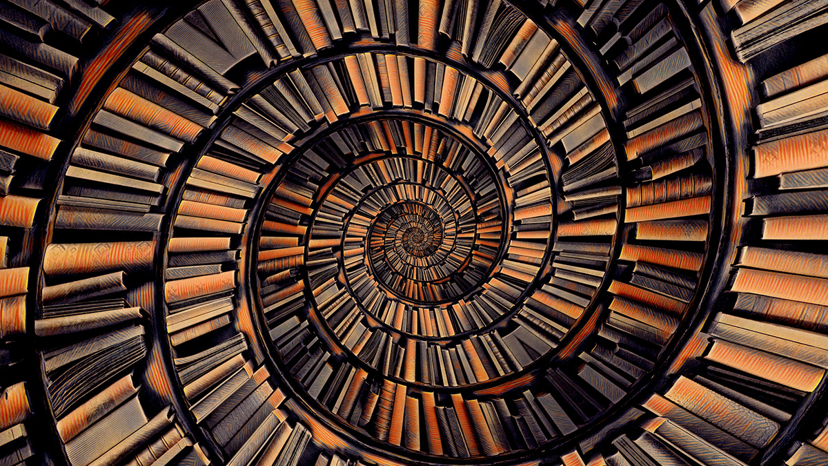 Artistic illustration of antique books on shelves spiraling toward the center of the image.