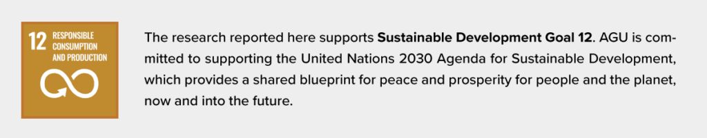 The logo for the United Nations Sustainable Development Goal 12 is at left. To its right is the following text: The research reported here supports Sustainable Development Goal 12. AGU is committed to supporting the United Nations 2030 Agenda for Sustainable Development, which provides a shared blueprint for peace and prosperity for people and the planet, now and into the future.