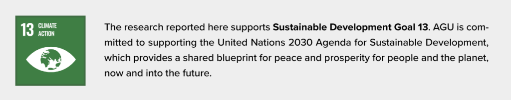 The logo for the United Nations Sustainable Development Goal 13 is at left. To its right is the following text: The research reported here supports Sustainable Development Goal 13. AGU is committed to supporting the United Nations 2030 Agenda for Sustainable Development, which provides a shared blueprint for peace and prosperity for people and the planet, now and into the future.