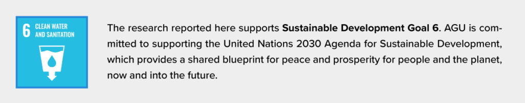 The logo for the United Nations Sustainable Development Goal 6 is at left. To its right is the following text: The research reported here supports Sustainable Development Goal 6. AGU is committed to supporting the United Nations 2030 Agenda for Sustainable Development, which provides a shared blueprint for peace and prosperity for people and the planet, now and into the future.