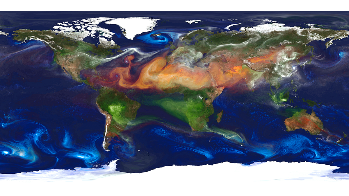 Global map with colors indicating different types of aerosols.