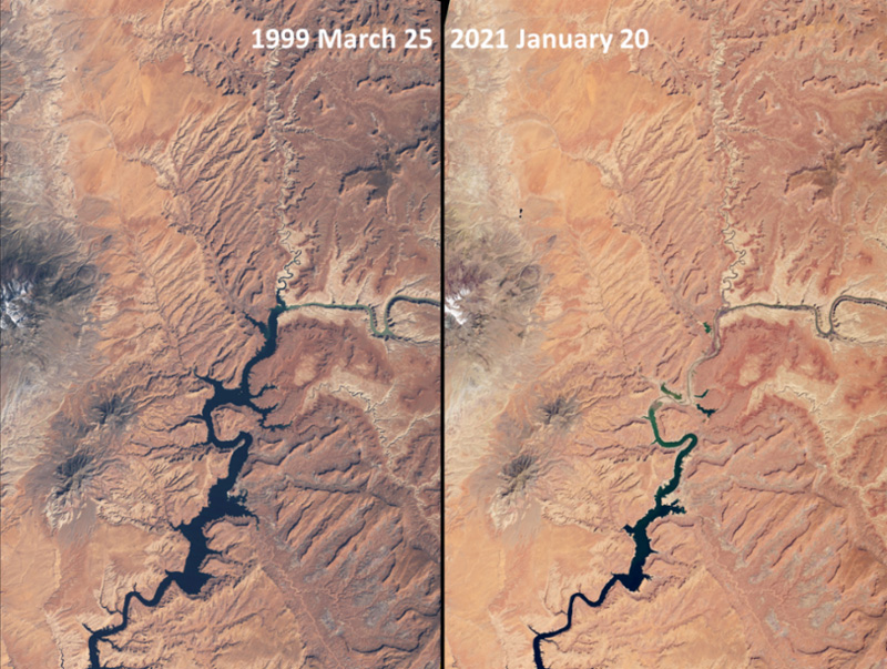 Side-by-side satellite images showing the Glen Canyon–Lake Powell region of the Colorado River in 1999 at left and 2021 at right