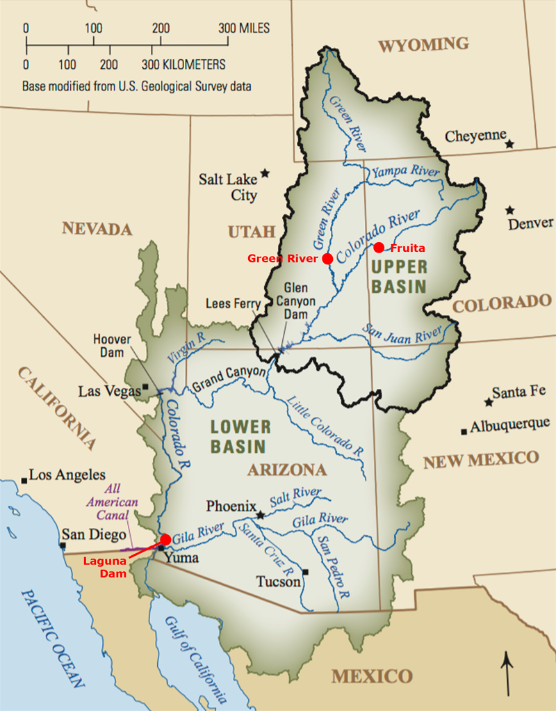 Map of the Colorado River Basin showing the Upper and Lower Basins and key locations