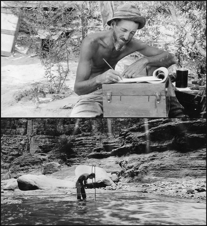 Pair of black and white photos showing hydrologist Eugene La Rue sitting shirtless while writing on a pad of paper (top) and standing in a small river to take a measurement (bottom)