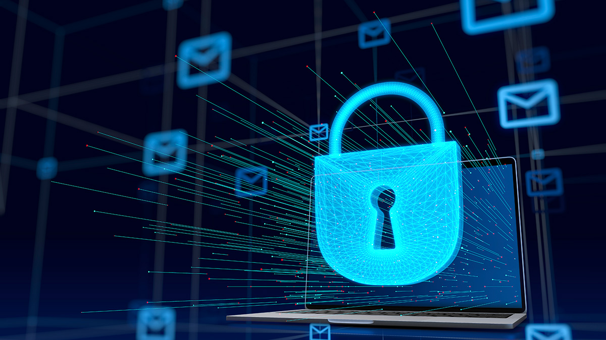 Stylized illustration of a lock and small envelope icons in front of a laptop
