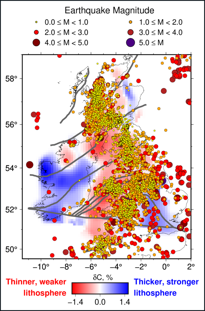 A map outlining two islands. Red, yellow, and orange dots cover most of the island on the right. A red blob is present in the center of the image, behind the dots, and is flanked by blue blobs.