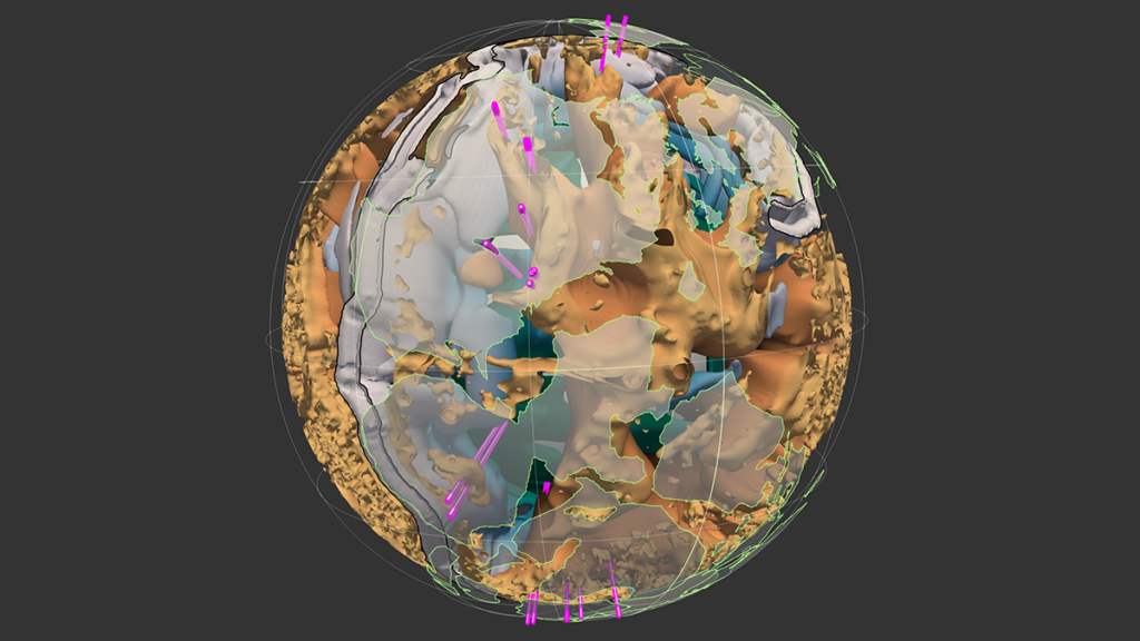 This snapshot of a new global mantle convection model depicts Earth 180 million years ago, with broad mantle upwellings (in copper) equal to or greater than 1 kelvin meter per year, reconstructed continental blocks (gray polygons), and kimberlite eruptions (magenta columns).
