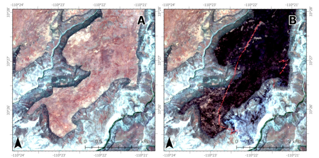 Two panels showing an aerial view of a forest with and without fire retardant.