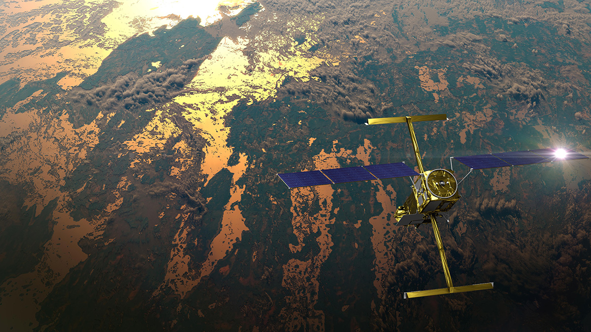 A boxy spacecraft with large solar “wings” takes a detailed look at Earth’s surface.