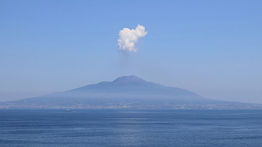 Mount Vesuvius looms over the Gulf of Naples.