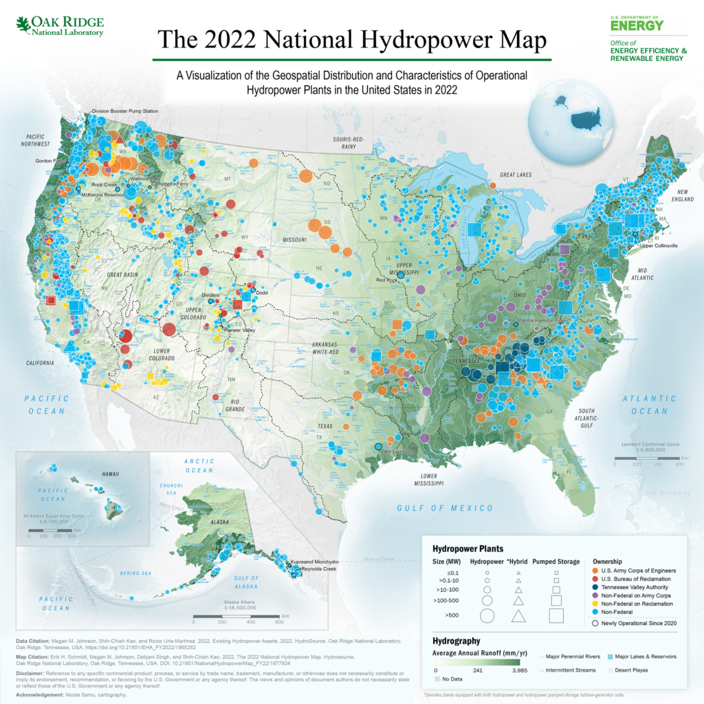 Map showing the geospatial distribution and characteristics of operational U.S. hydropower plants