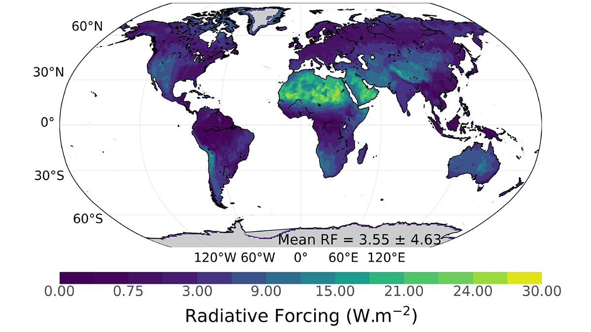 World map with radiative forcing data.