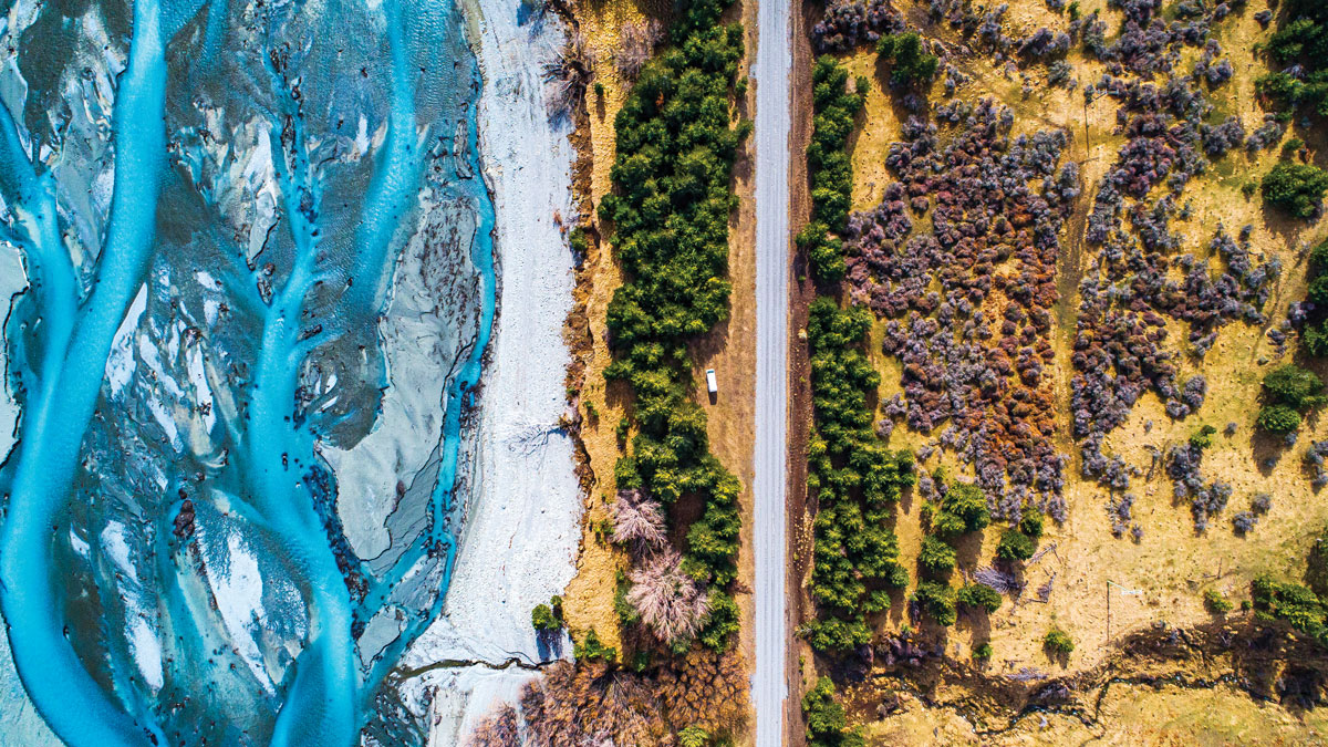 Aerial view of a braided river from glacial runoff in New Zealand