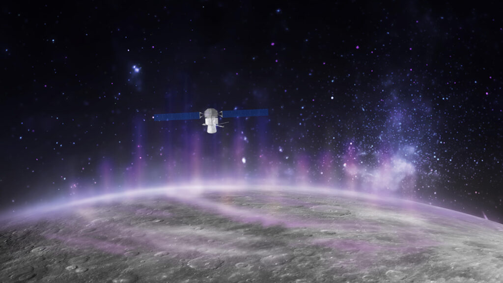 A cylindrical spacecraft with two rectangular wings hovers above a gray planet with purple mist rising from it.