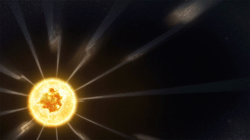 Animation of straight lines with a few zigzags radiating outward from a yellow and brown sphere.
