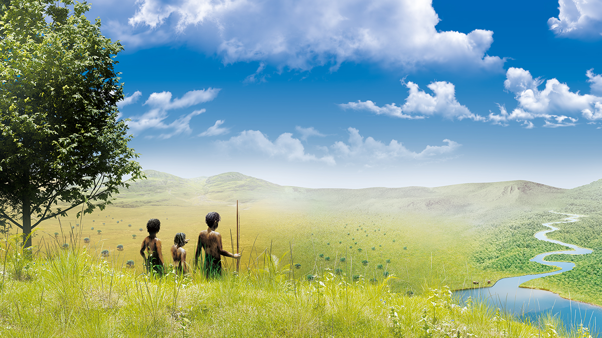 Illustration of early hominins arriving in a multibiome mosaic landscape