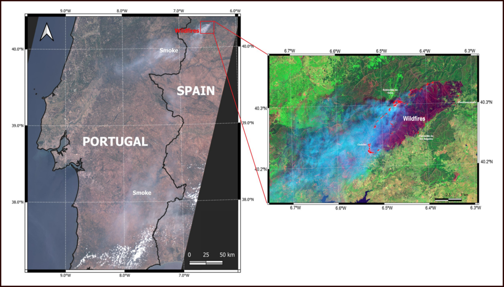 Figura de dois painéis mostrando (à esquerda) uma imagem de satélite de grande parte de Portugal e oeste da Espanha com plumas de fumaça de incêndio florestal e (à direita) uma imagem de satélite em alta resolução e em cores falsas de uma pequena área do painel esquerdo mostrando os locais de incêndios florestais e fumaça.