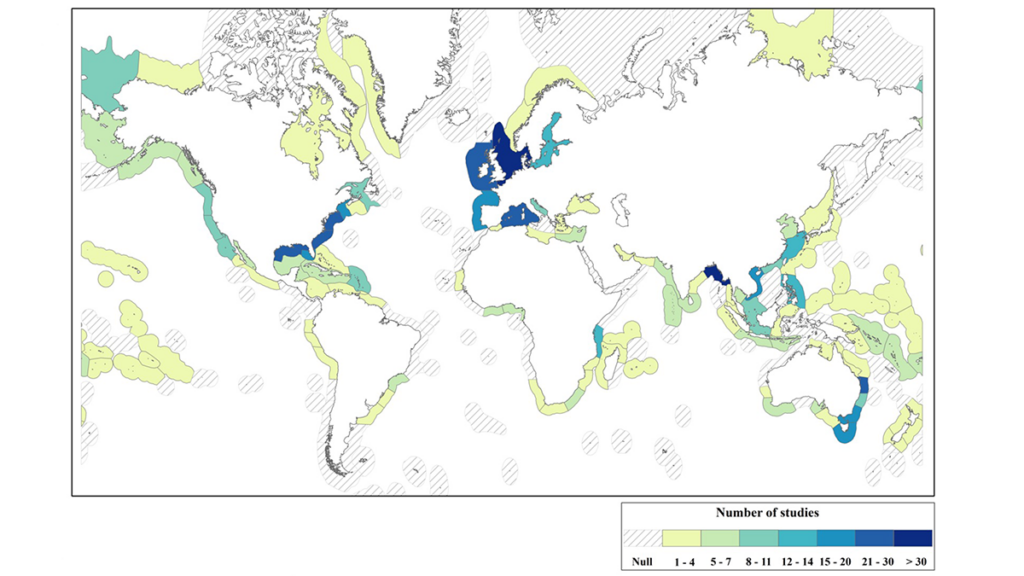 World map showing geographic distribution of coastal adaptation studies.