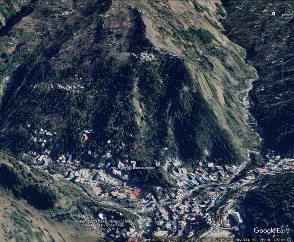 Google Earth image of the site of the 24 August 2023 landslide at Anni in Himachal Pradesh in India.