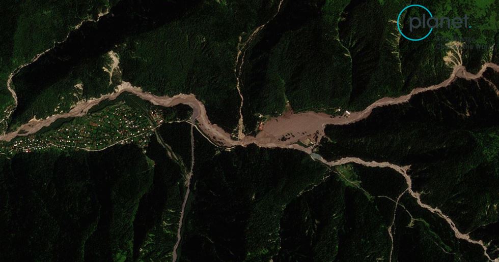 PlanetScope image of the aftermath of the 4 August 2023 debris flow at Shovi in Georgia. Image copyright Planet, used with permission, acquired on 6 August 2023.