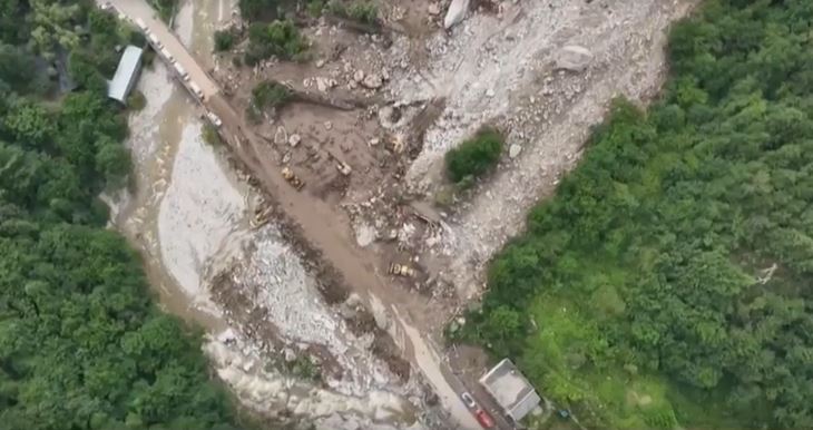 The aftermath of a debris flow on 11 August 2023 at Weiziping in Shaanxi Province, China. Still from a video posted to Youtube by Sky News Australia.
