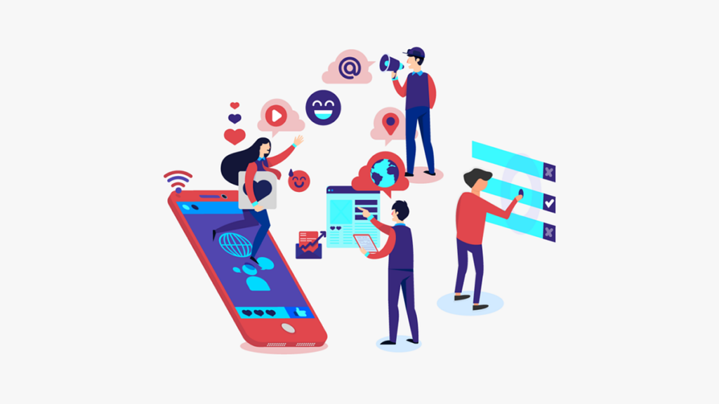Cartoon of people sharing information in different ways.