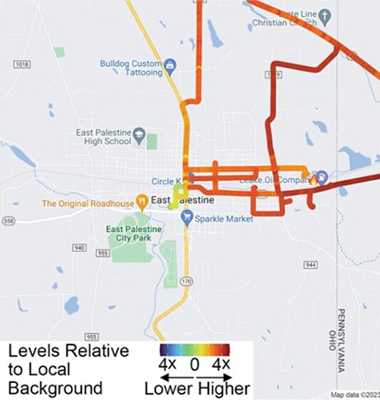 Map with dark red and orange streets indicating high levels of acrolein relative to background