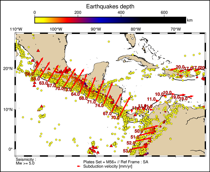 A digitally created map of Central America showing red arrows for the direction and velocity of the subducting Cocos plate, red triangles for volcano locations, and hundreds of circles for earthquake locations shaded to represent depth of the quake epicenter