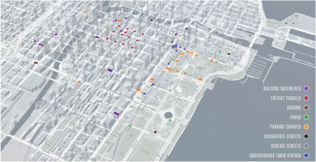 A grayscale 3D rendering of the Chicago Loop, with dots marking the locations of the 150 temperature sensors deployed above- and belowground.