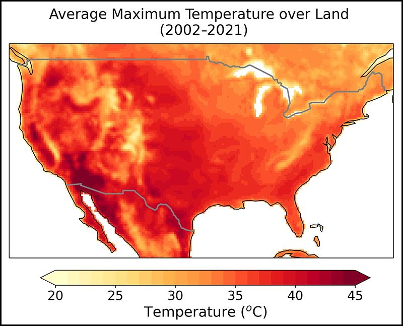 Map showing annual maximum temperatures over land, averaged between 2002 and 2021, with a color scale from pale yellow to deep red