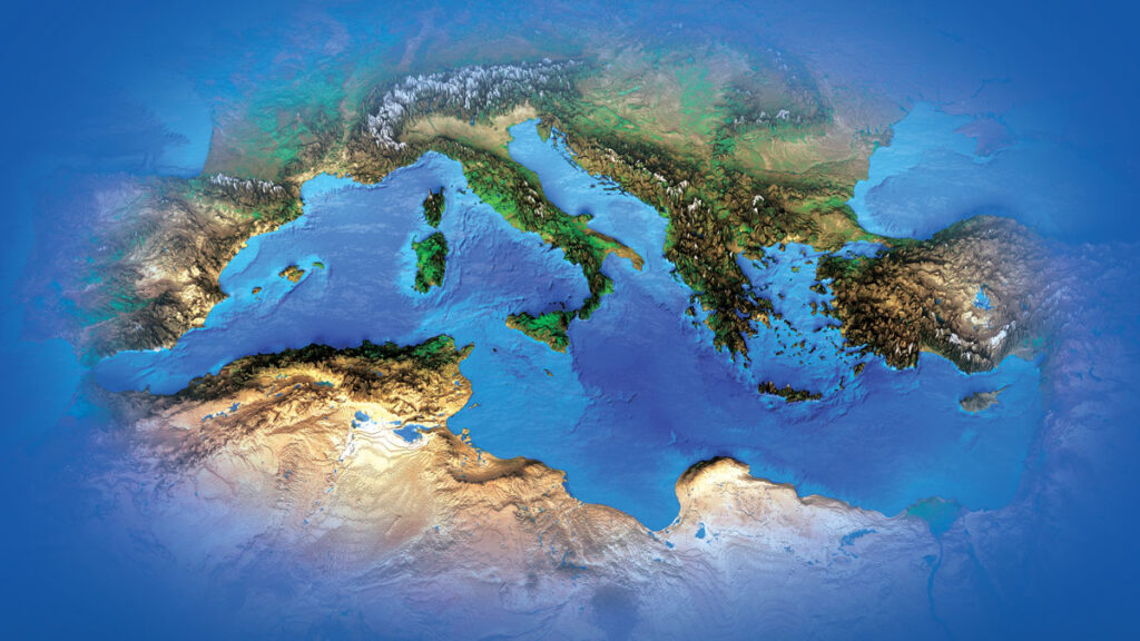 A satellite image dramatically displays the depths and heights of the Mediterranean Basin.