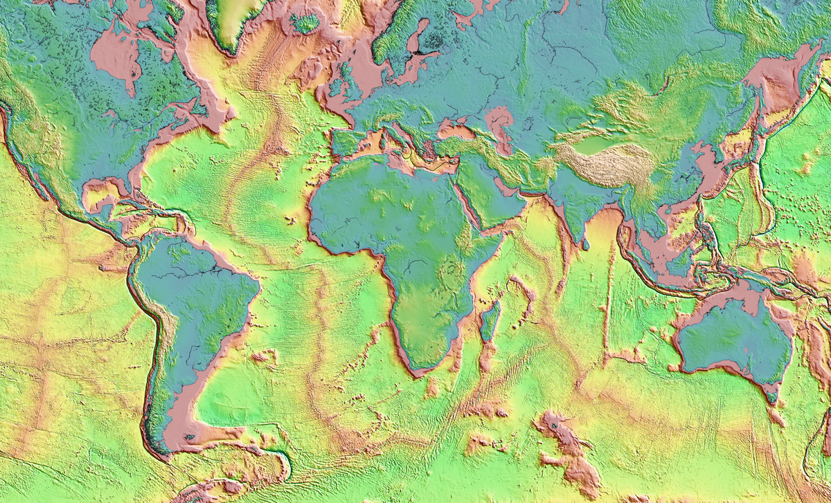 World map showing topography as well as bathymetry, or the depth of landforms below sea level
