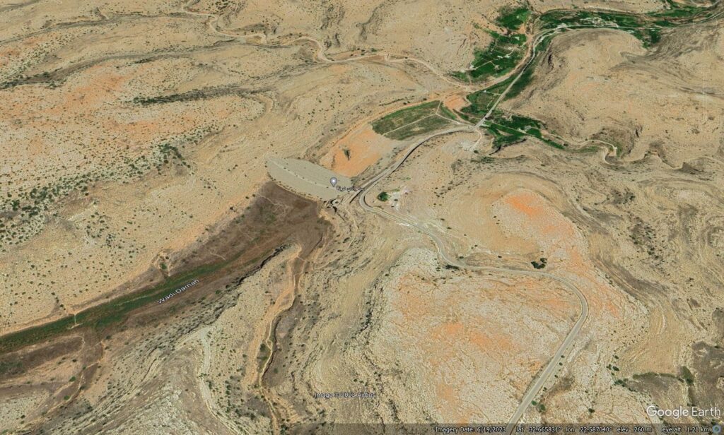 The upper dam in Wadi Derna, as shown on Google Earth.