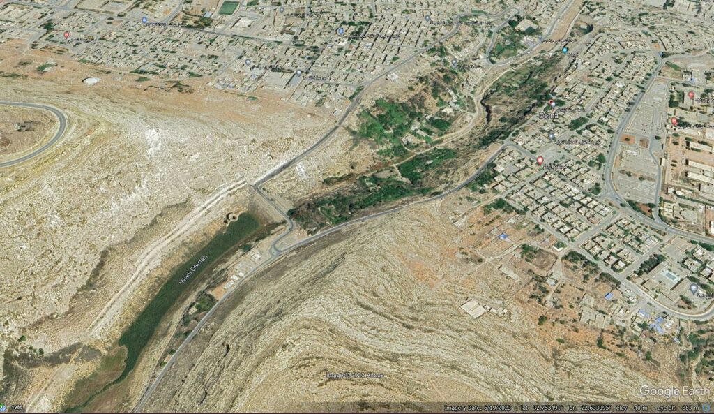 The lower dam in Wadi Derna, as shown on Google Earth