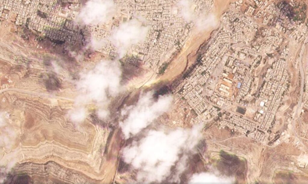Satellite image of the site of the Boumansourl Dam in Wadi Derna, Libya.